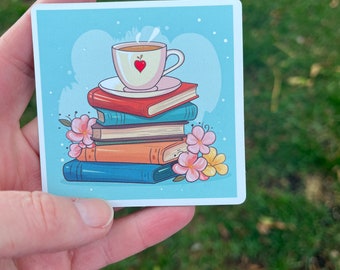 Books and Tea Square Vinyl Magnet | Fridge | Gift for Book Lover | Bookish