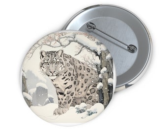 Ukiyo-e Snow Leopard Pin Button | Japanese Art Style | Big Cat Backpack Pin