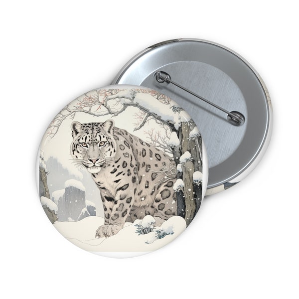 Ukiyo-e Style Snow Leopard Pin Buttons / Gift for Animal Lover / Big Cat / Pin for Denim Jacket Backpack Bag