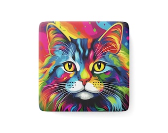 Rainbow Cat Porcelain Magnet | Square Fridge Magnet | Cat Lover Gift | Cat Mom | Home Decor