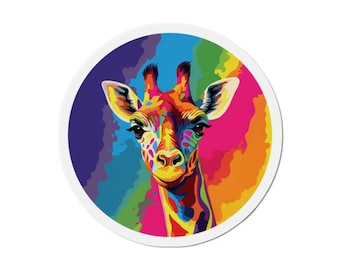 Rainbow Giraffe Magnet / Round Vinyl Indoor Outdoor / Gift for Animal Lover