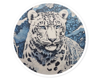 Snow Leopard Sticker / Round Vinyl Indoor Outdoor / Gifts for Animal Lovers / Big Cats / Block Print Art