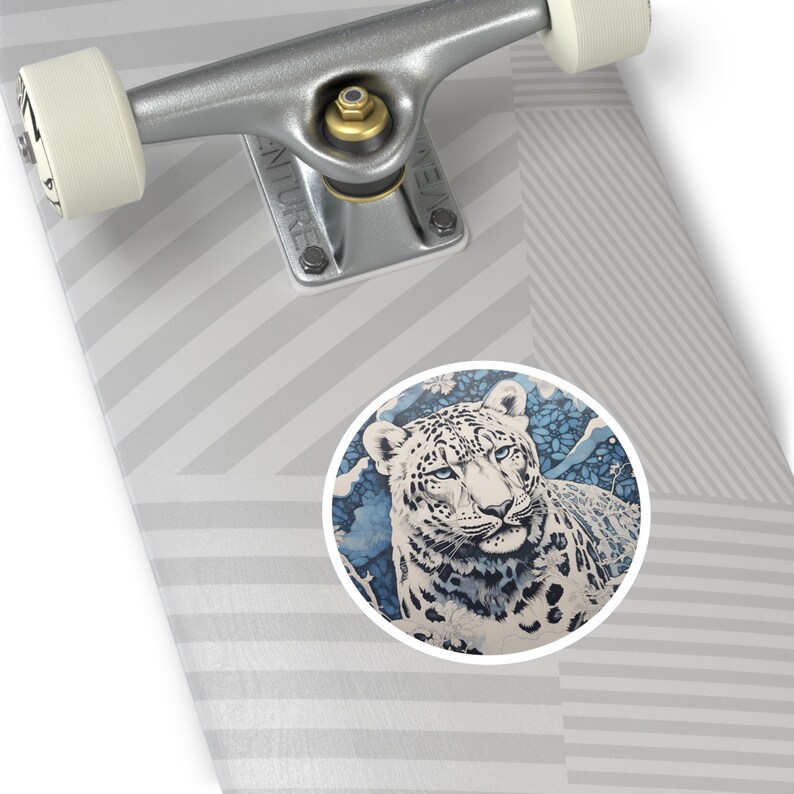 Snow Leopard Sticker / Round Vinyl Indoor Outdoor / Gifts for Animal Lovers / Big Cats / Block Print Art image 3