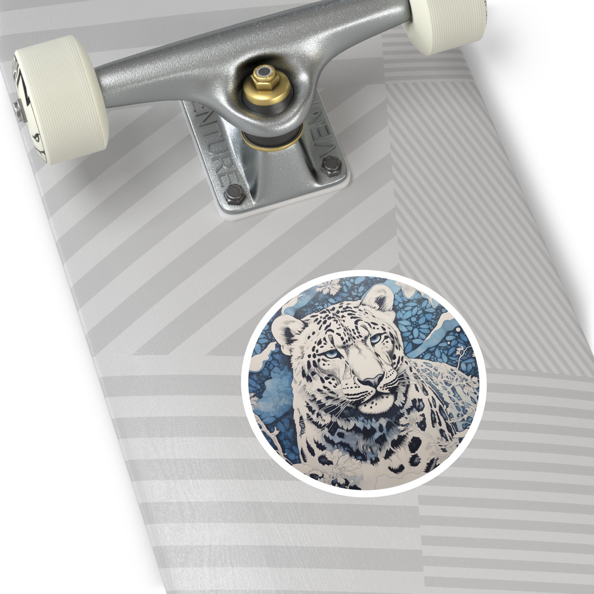 Snow Leopard Block Print Sticker | Round Vinyl Indoor Outdoor | Big Cat ...