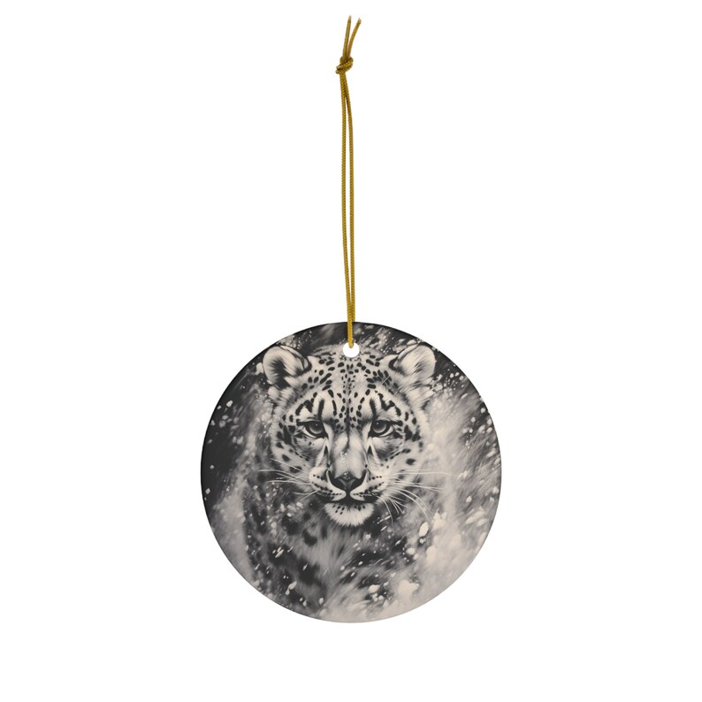 Ceramic Ornament Snow Leopard in a Blizzard Charcoal Sketch / Heart Circle / Holiday Christmas Tree Ornament / Animal Lover image 9