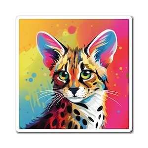 Magnets: Colorful Serval Cat Design, Cute Kitchen Decor, Fridge Accessories, Animal Lover Gift, Rainbow Theme Magnet