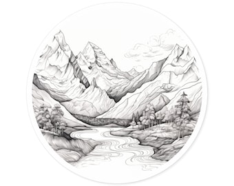 Mountain and Stream Round Sticker / Vinyl Indoor Outdoor / Nature Lover Gift