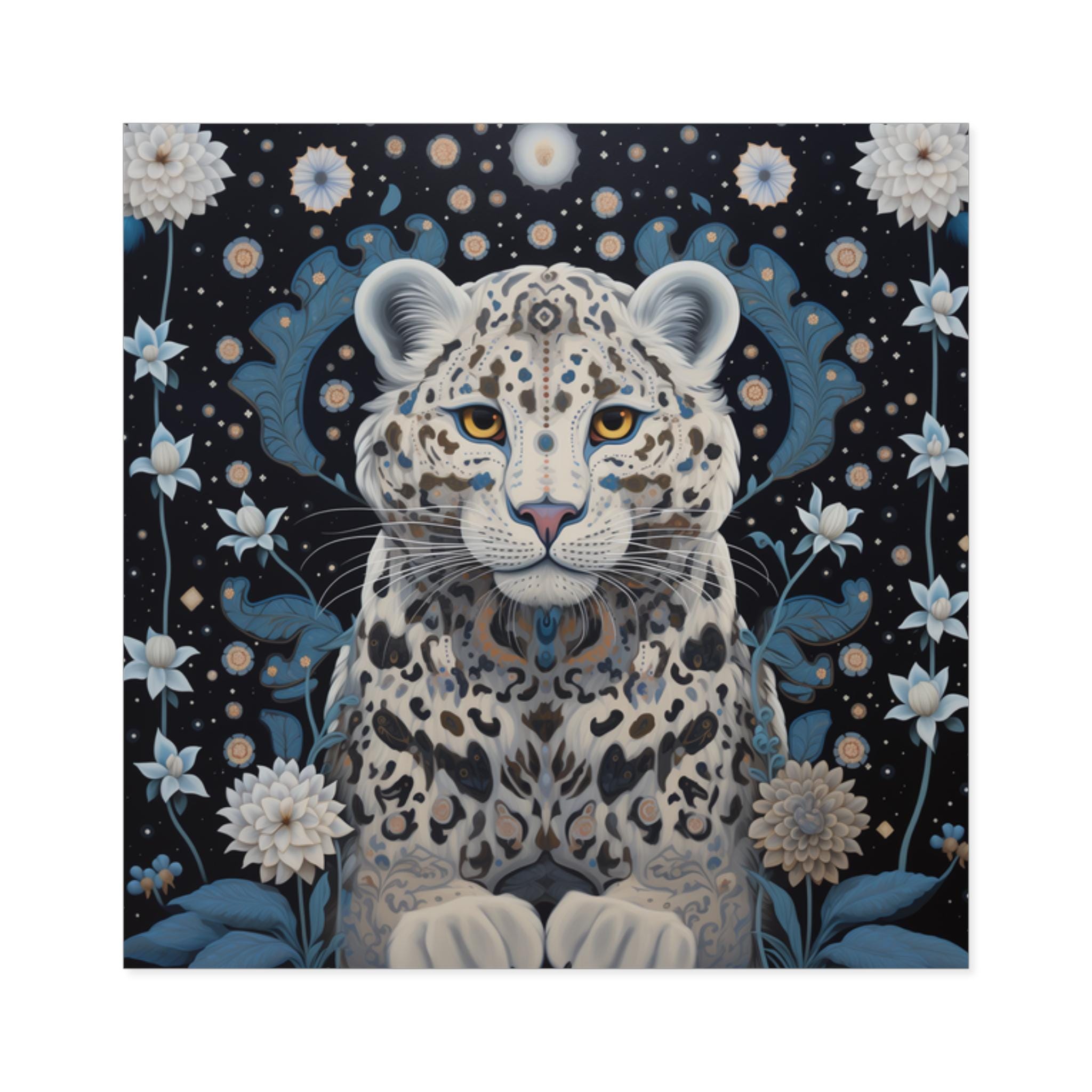 Folk Art Style Snow Leopard, Square Stickers, Indoor/Outdoor,  Animal Print Decals, Wildlife Art Decor, Nature Lover Gift, Laptop Sticker