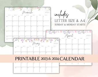 May include: Printable calendar for March, April, and May 2024. The calendar features a floral design with pastel pink, purple, and green colors. The calendar is available in letter size and A4, with Sunday and Monday start options.