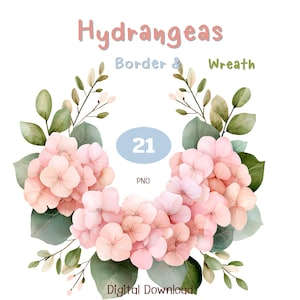21 archivos PNG de borde y corona de hortensias en acuarela para tarjetas, invitaciones, álbumes de recortes y manualidades - Corona de hortensias, descarga digital