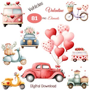 81 bundle di clip art di San Valentino con veicoli ad acquerello - Download digitale carino per progetti artigianali, biglietti e fai da te