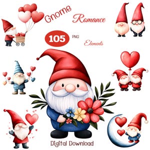 105 Romantic Gnome Valentine PNG Bundle, 105 graziosi Gnome Clipart per biglietti e matrimoni, download digitale, perfetti per lavori fai da te