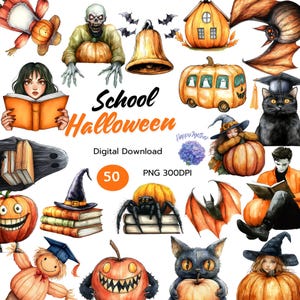 Clipart Halloween aquarelle | Designs effrayants sur le thème de l'école | Téléchargement instantané | Décoration de salle de classe, invitations à une fête, autocollants