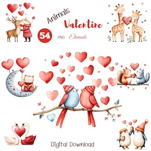 Acquerello coppia di animali San Valentino Clip Art Set - Illustrazioni romantiche di animali selvatici, 54 file PNG, 3000x3000px, 300 DPI, perfetto per l'artigianato
