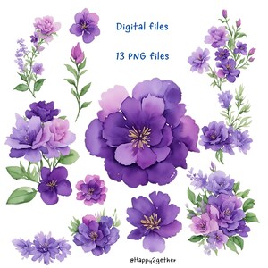 Conjunto de flores roxas, aquarela de flores, clipart de flores, elemento roxo, bom para cartão, cartão de felicitações, aniversário, diário, ect.