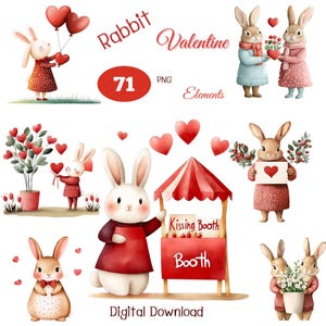 Pacchetto di 71 adorabili coniglietti acquerellati in formato PNG per San Valentino, ideali per biglietti, creazioni artistiche per bambini, scrapbooking e artigianato digitale, ideali per regali fai da te e biglietti di nozze.