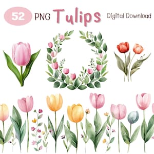 52 PNG, Watercolor Tulips Clipart Bundle - Perfect for Wedding Invitations, Cards, Scrapbooking & DIY Crafts, Printable, digital download