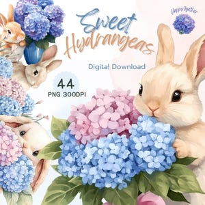44 Dolce ortensia con coniglietto, coniglio, ortensia, download digitale acquerello