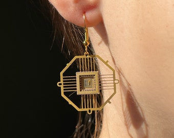 Octagon IC Chip Earrings: Ultralight Space Tech Recycled Lead Frame, Handmade