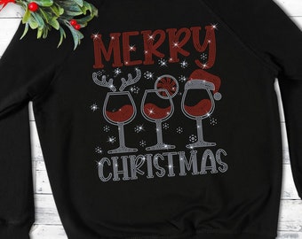 Merry Christmas Rhinestone Shirt, Cheering Party Shirt, Holiday Sweater, Xmas Gift, Cute Merry Shirt, New Year Sweater