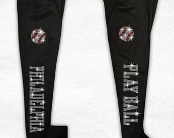 Philadelphia Baseball Rhinestone Leggings: Ladies' Sports Yoga Pants