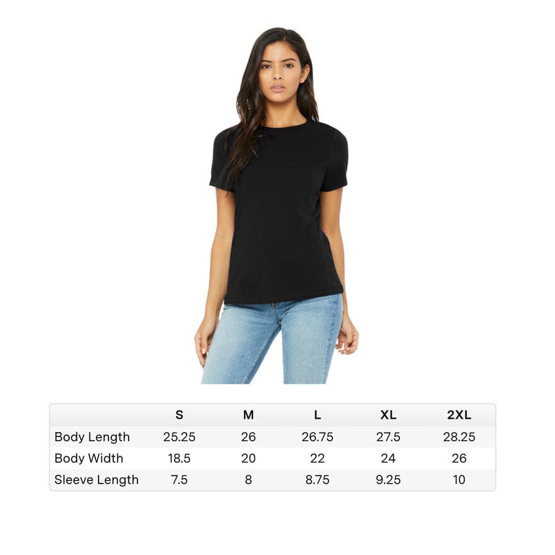 May include: A black short-sleeved t-shirt. The image includes a size chart with measurements for body length, body width, and sleeve length in inches for sizes S, M, L, XL, and 2XL. The model is wearing blue jeans.