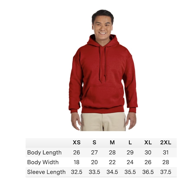May include: A red hooded sweatshirt with a front pocket. The image includes a size chart with measurements in inches for body length, body width, and sleeve length, ranging from XS to 2XL.