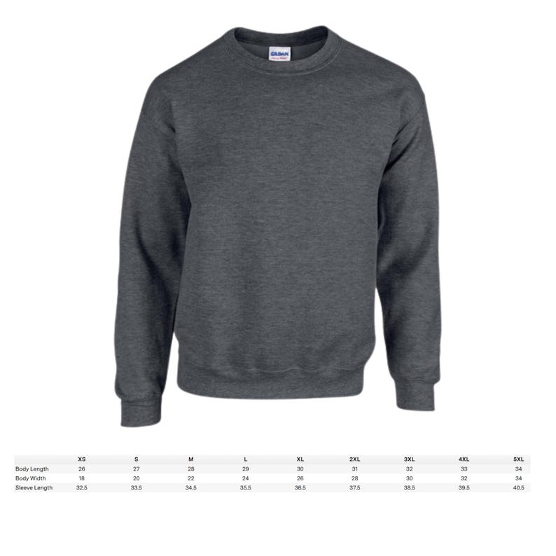 May include: A dark heather gray crewneck sweatshirt. The image shows the front of the sweatshirt, with a ribbed collar, cuffs, and hem. Size chart with body length, width, and sleeve length measurements in inches is below the sweatshirt.