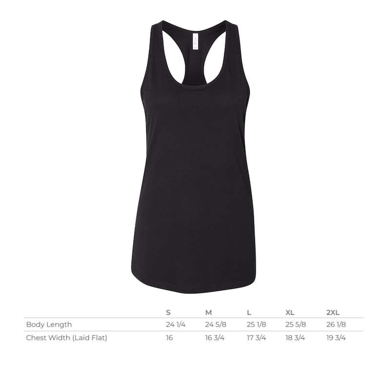 May include: A solid black racerback tank top with a scoop neckline. Below the garment, a size chart displays body length and chest width measurements in inches for sizes S through 2XL, ranging from 24 1/4 to 26 1/8 inches in length.
