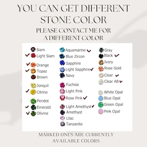 May include: Image displaying a color chart for gemstones, with text indicating different stone colors are available. The chart includes a variety of colors like Siam, Orange, and Citrine, with checkmarks next to available colors. Text at the top reads "YOU CAN GET DIFFERENT STONE COLOR."
