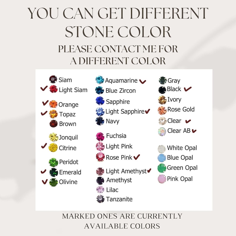 May include: Image displaying a color chart for gemstones, with text indicating different stone colors are available. The chart includes a variety of colors like Siam, Orange, and Citrine, with checkmarks next to available colors. Text at the top reads "YOU CAN GET DIFFERENT STONE COLOR."