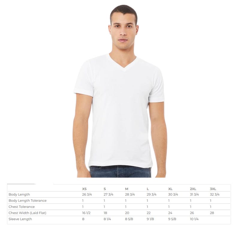May include: A plain white short-sleeve v-neck t-shirt. Below the shirt is a size chart table with columns for XS through 3XL, listing measurements in inches for body length, body length tolerance, chest tolerance, chest width, and sleeve length.