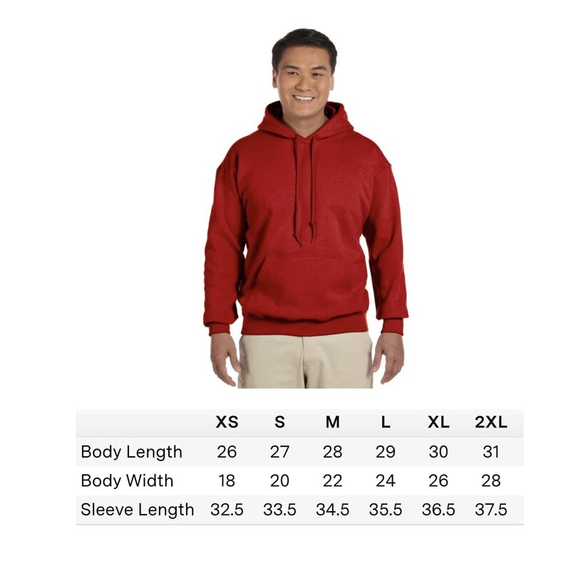 May include: A red hooded sweatshirt with a front pocket. The image includes a size chart with measurements in inches for body length, body width, and sleeve length, ranging from XS to 2XL.