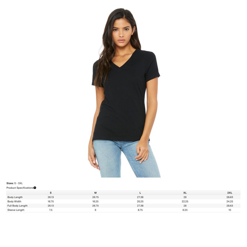 May include: A solid black short-sleeve v-neck t-shirt paired with light blue denim jeans. Below the garment, a product specification table lists body length, body width, full body length, and sleeve length in inches for sizes S through 2XL.