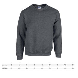 May include: A dark heather gray crewneck sweatshirt. The image shows the front of the sweatshirt, with a ribbed collar, cuffs, and hem. Size chart with body length, width, and sleeve length measurements in inches is below the sweatshirt.