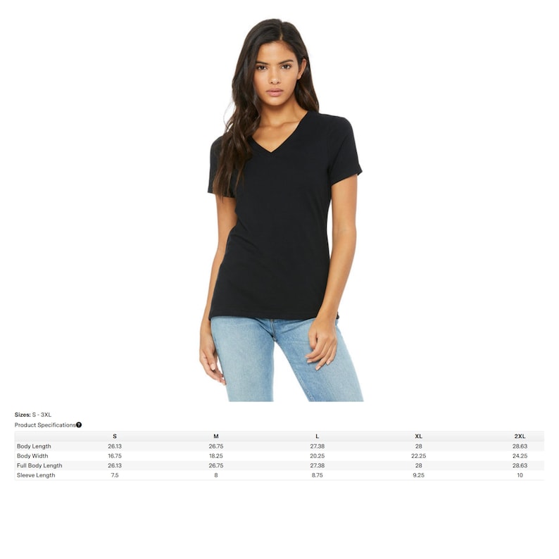 May include: A black V-neck t-shirt. The shirt is being modeled by a person wearing blue jeans. The product specifications table shows the body length, body width, full body length, and sleeve length measurements for sizes S-3XL.