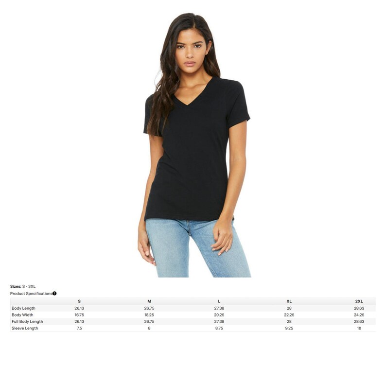 May include: A black V-neck t-shirt. The shirt is being modeled by a person wearing light blue jeans. The product specifications table shows the body length, body width, full body length, and sleeve length measurements for sizes S-3XL.