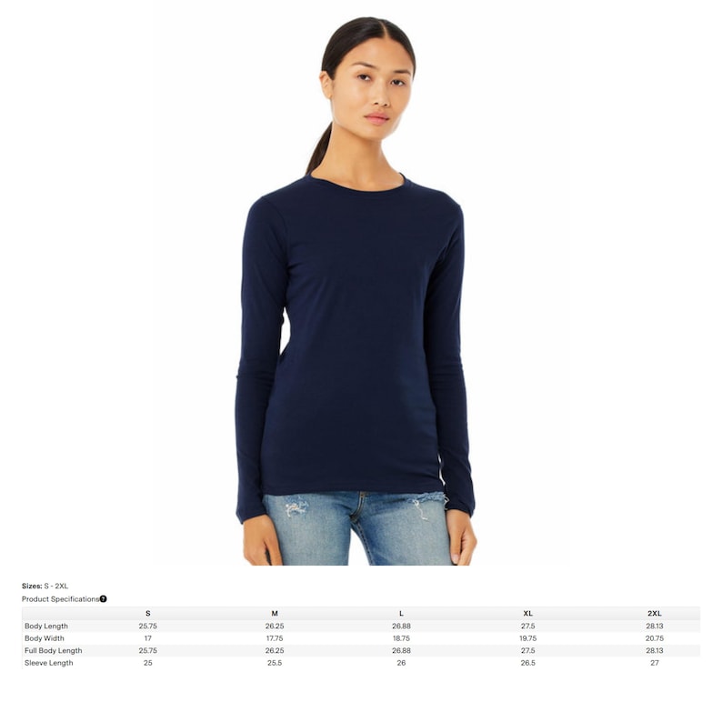 May include: A navy blue long-sleeve shirt. The shirt is a solid color and has a crew neck. The image also includes a size chart with measurements in inches for sizes S-2XL.