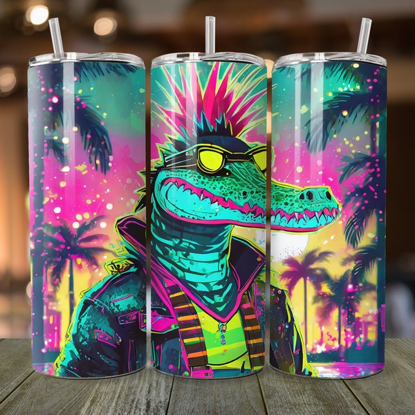 Anime Alligator Wearing Punk Clothing Tumbler Wrap, Anime Gator art 20oz png, Mohawk Alligator png, Gift Tumbler Accessories