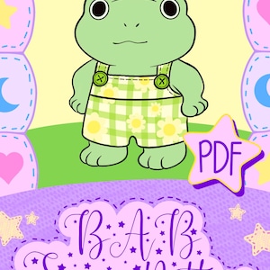 May include: A digital illustration of a light green frog wearing green and white checkered overalls with a yellow daisy pattern. The image features a yellow star-shaped badge with the text PDF and a purple label with the text B.A.B. Sewing Pattern.