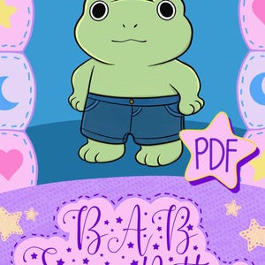 May include: A digital PDF sewing pattern featuring a cartoon illustration of a light green frog wearing dark blue denim shorts. The design includes a purple border with stars and the text B.A.B. Sewing Pattern in a decorative script font.