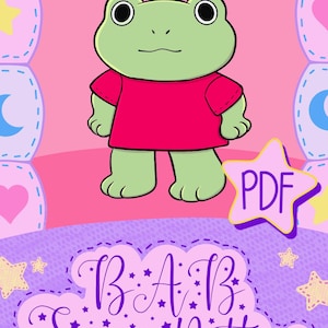 May include: A digital sewing pattern document featuring a cartoon illustration of a light green frog wearing a solid red t-shirt. The image includes a star-shaped badge with the text PDF and a purple label with the text B.A.B. Sewing Pattern.