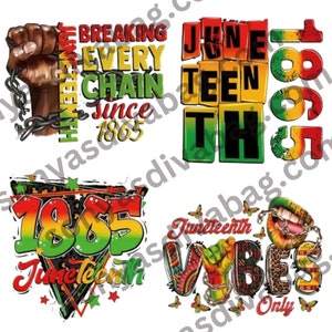 Peut inclure: Quatre designs graphiques colorés célébrant Juneteenth. Les designs présentent les mots "Juneteenth", "Breaking Every Chain since 1865", "Juneteenth Vibes Only", et "1865 Juneteenth". Les designs sont en rouge, jaune, vert et noir.