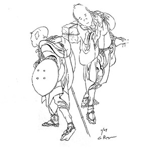 May include: Black and white ink drawing of two figures in traditional garb. One figure carries a shield and walks with a staff. The other figure carries a bundle on their back. The drawing is signed and dated.