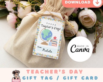 以下が含まれることがあります： 「Happy Teacher's Day!」と書かれたタグが付いたベージュ色のギフトバッグ。地球儀、本、リンゴのイラストが描かれています。タグは紐で結ばれています。画像には「Digital File | Editable | NOT a physical Product」というテキストも含まれています。