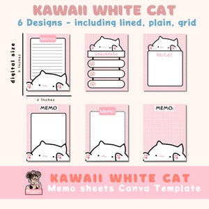Peut inclure: Six modèles de feuilles de mémos imprimables avec un design de chat blanc kawaii. Les modèles comprennent des options lignées, unies et quadrillées. Chaque modèle mesure 7,6 cm sur 10,2 cm.