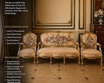 Luxury French Living Room  – Gilded French Rococo Sofa & Armchairs  Floral Upholster Set