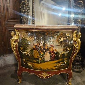 Louis XV Style Hand-Painted Bombe Chest with Marble Top – Antique French Dresser Cabin- Read Description