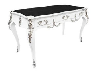 Large baroque Louis XV style desk, 3 drawers, bronze- Available in white chrome