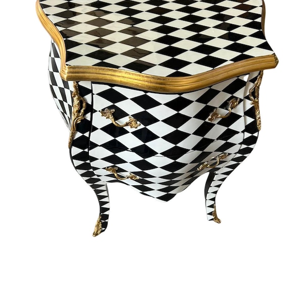 Louis XV Courtly checkered chest 2 drawers , Blk/Wht/gld— 25.5 W in